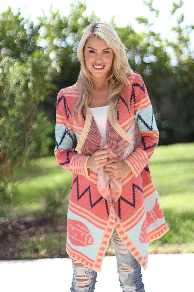 Coral and Mint Long Cardigan