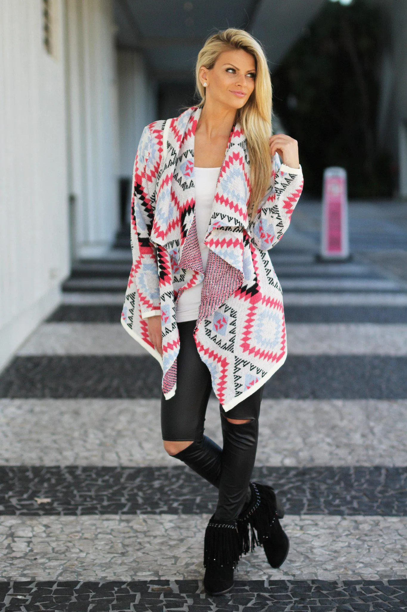 Coral Aztec Sweater Cardigan