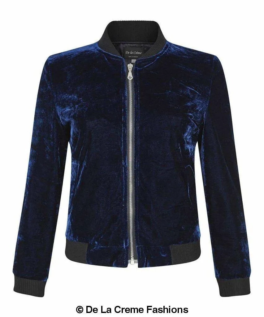 De La Creme - Womens Velvet Zip-Thru Varsity Bomber Jacket