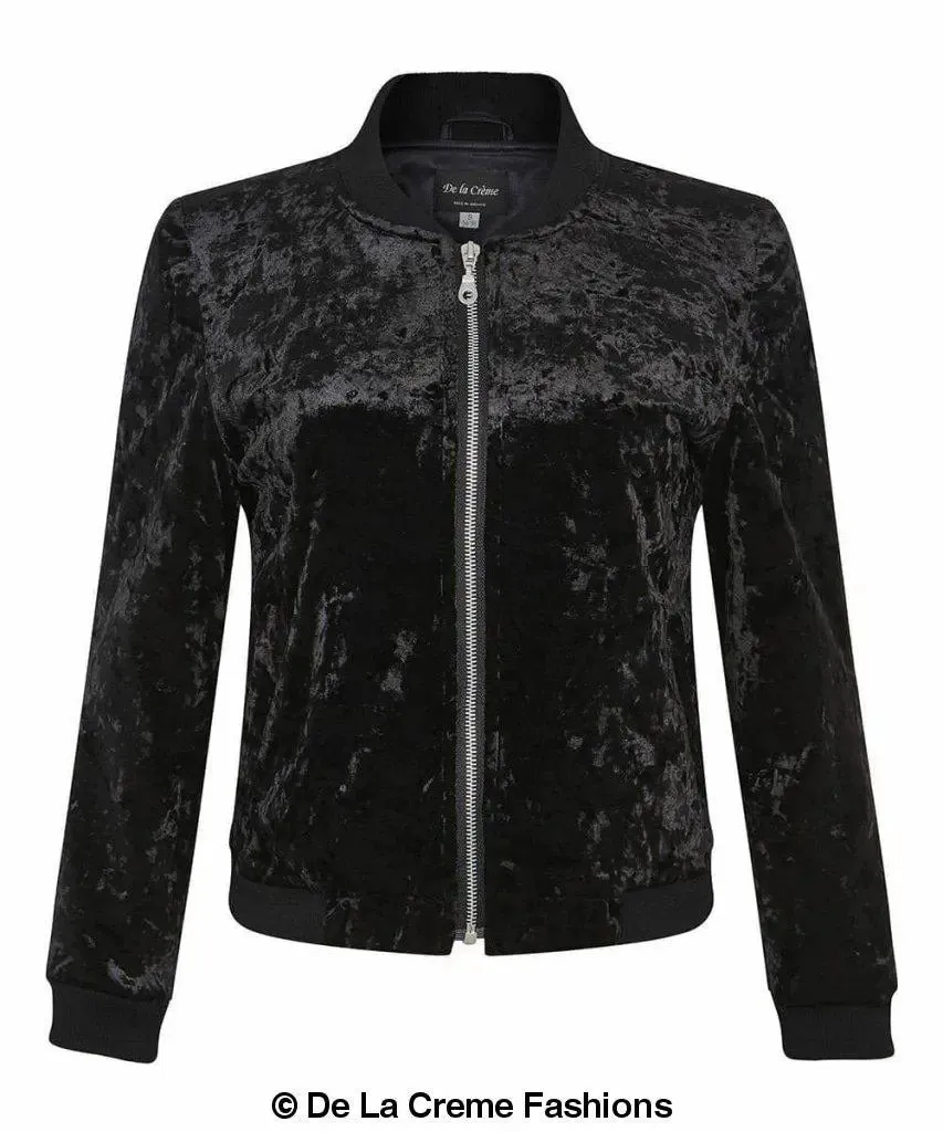 De La Creme - Womens Velvet Zip-Thru Varsity Bomber Jacket