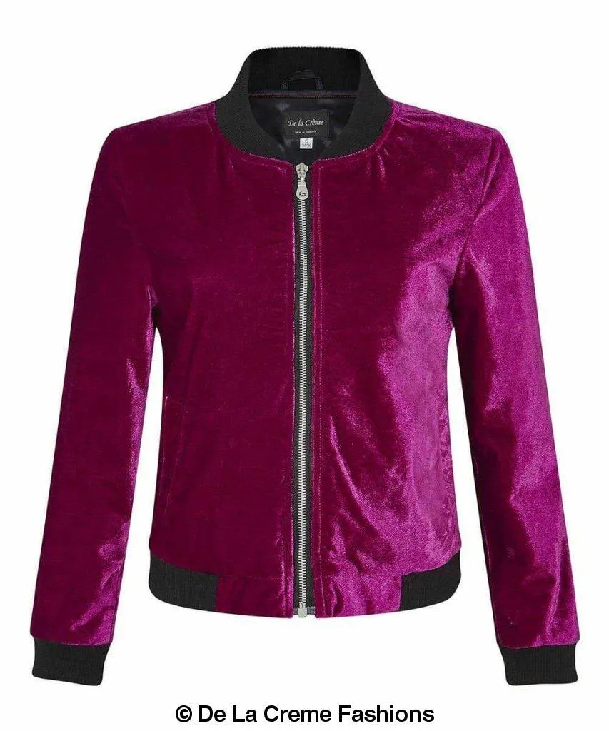 De La Creme - Womens Velvet Zip-Thru Varsity Bomber Jacket