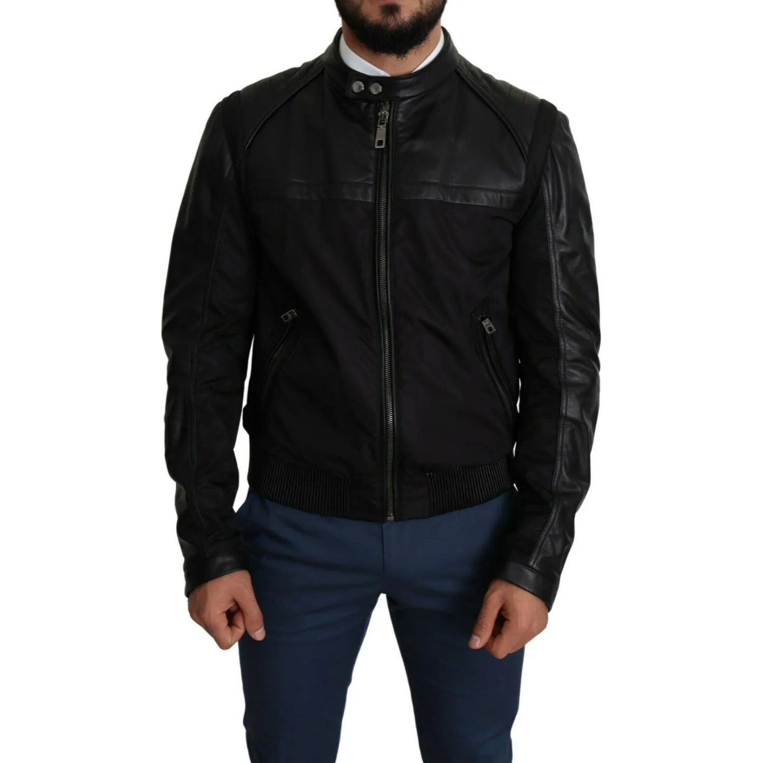 Dolce & Gabbana Elegant Black Bomber with Leather Accents