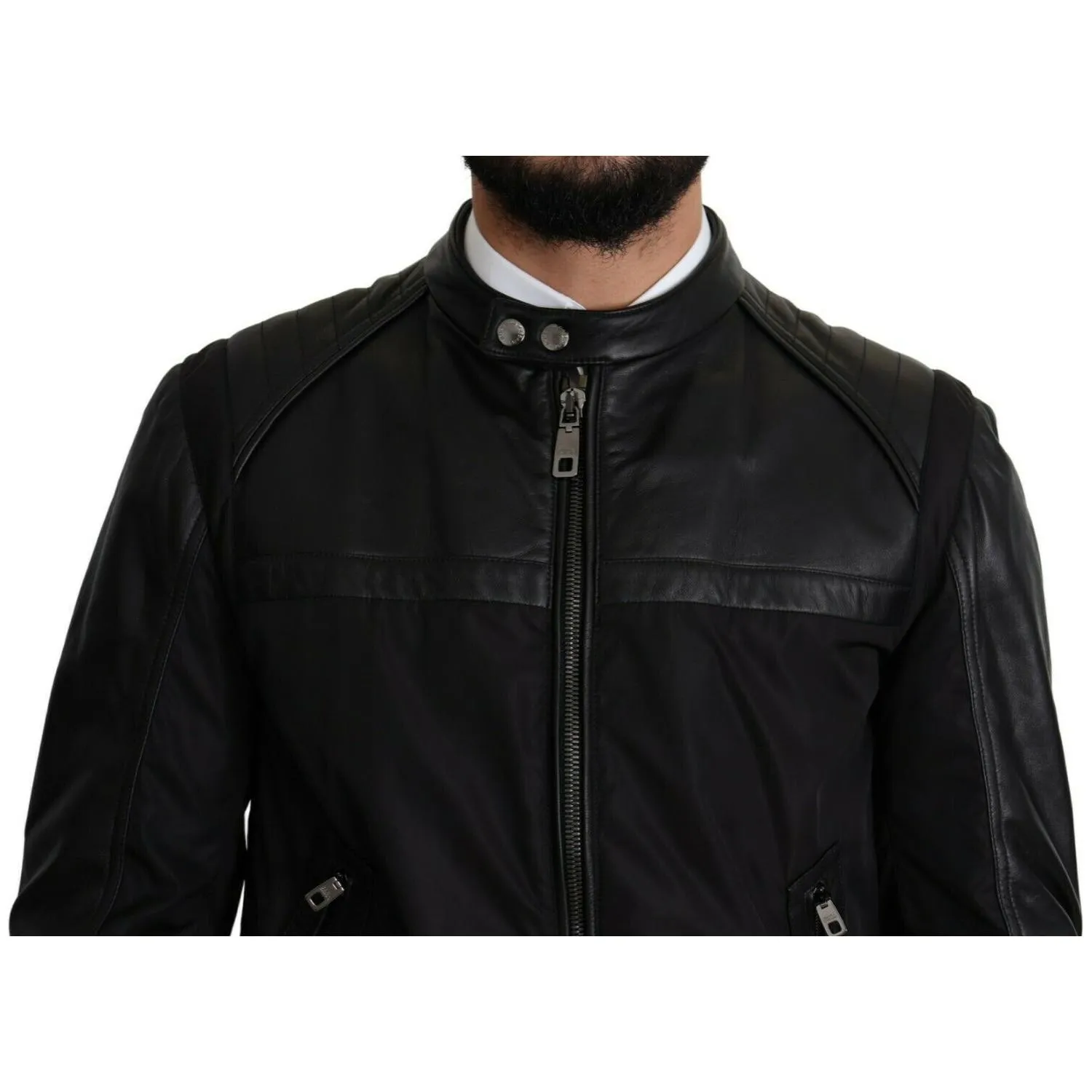 Dolce & Gabbana Elegant Black Bomber with Leather Accents