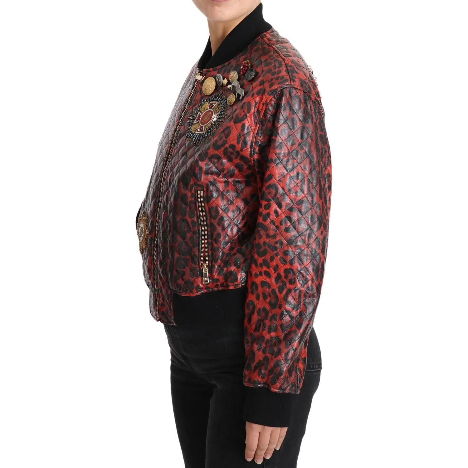 Dolce & Gabbana Red Leopard Bomber Leather Jacket with Crystal Buttons