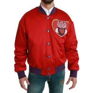 Dolce & Gabbana Vibrant Red Bomber Jacket with Multicolor Motif