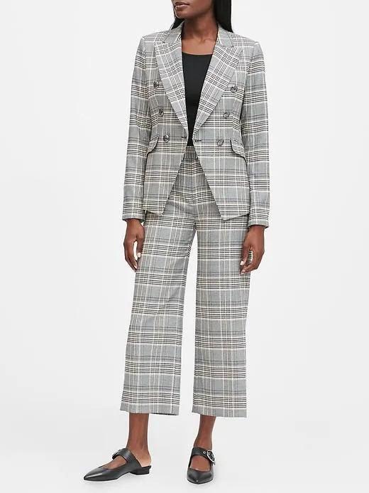 Double-Breasted Plaid Blazer in Gray & Yellow Plaid