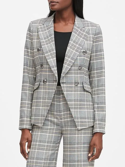 Double-Breasted Plaid Blazer in Gray & Yellow Plaid