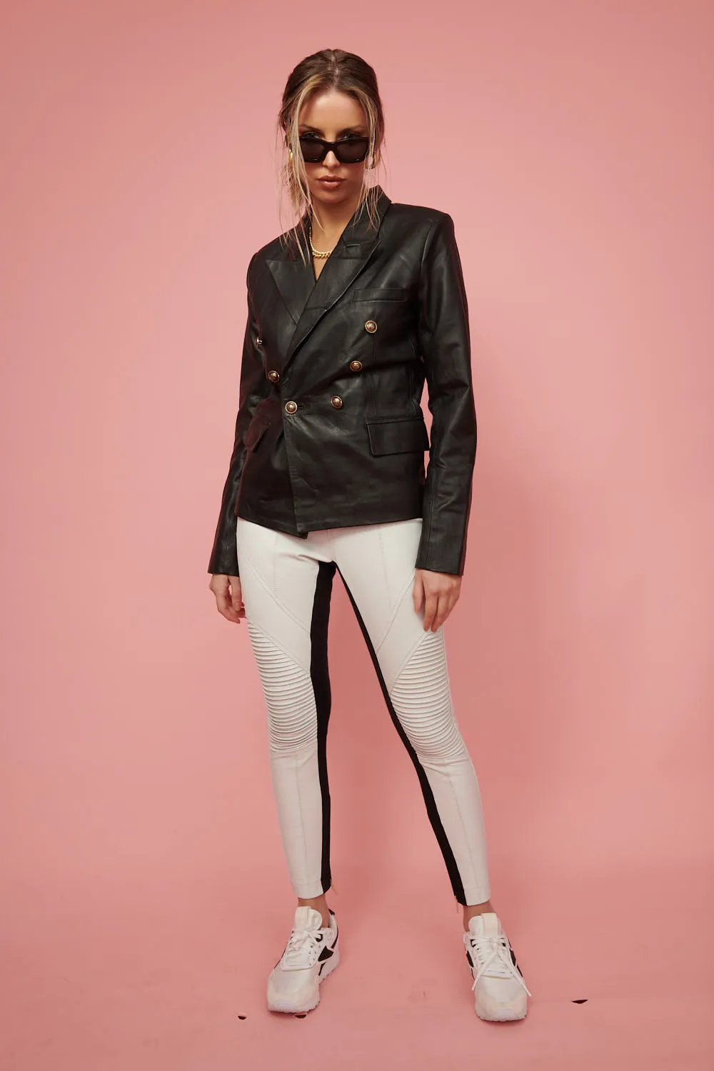 Embroidered Leather Blazer - Black