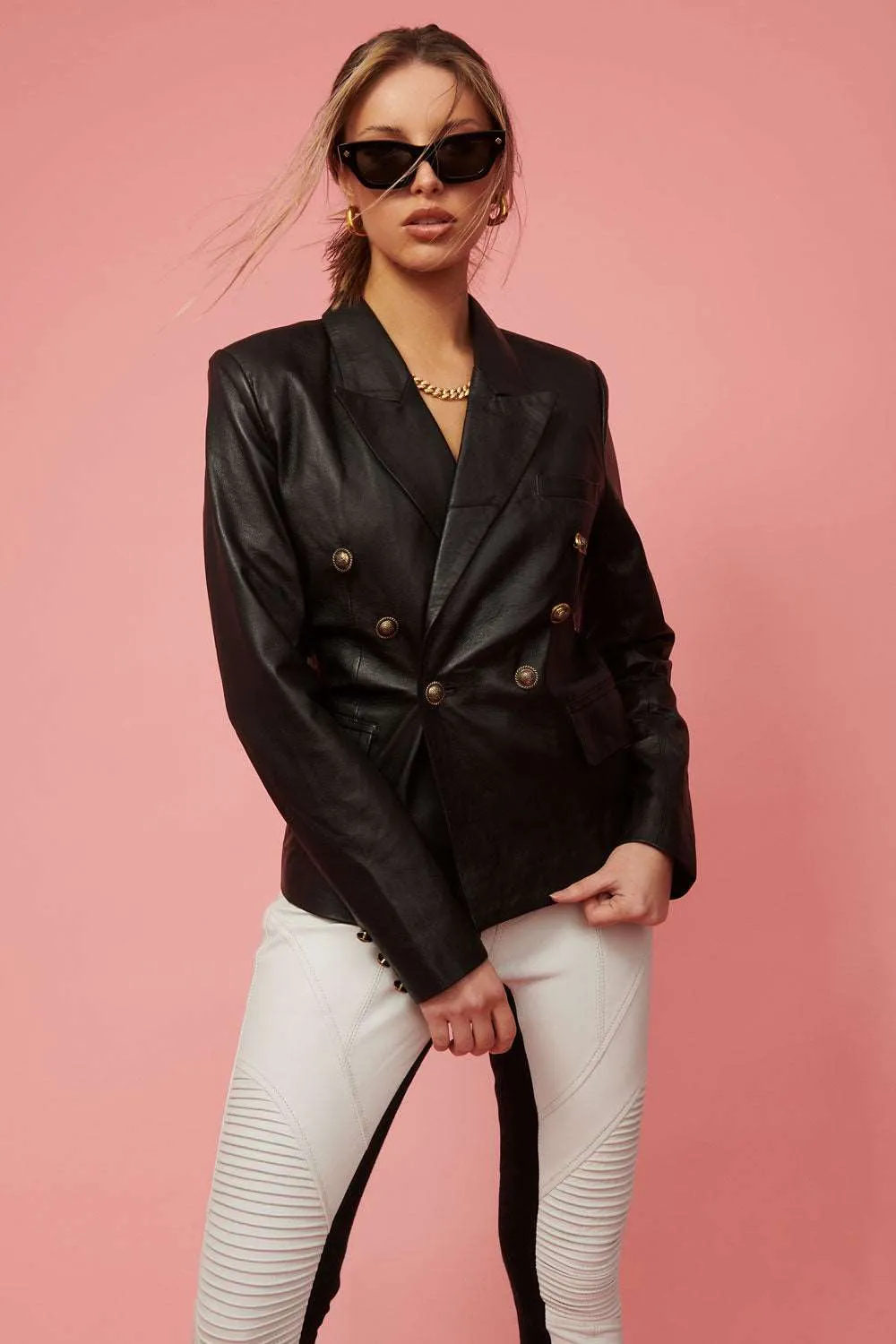 Embroidered Leather Blazer - Black