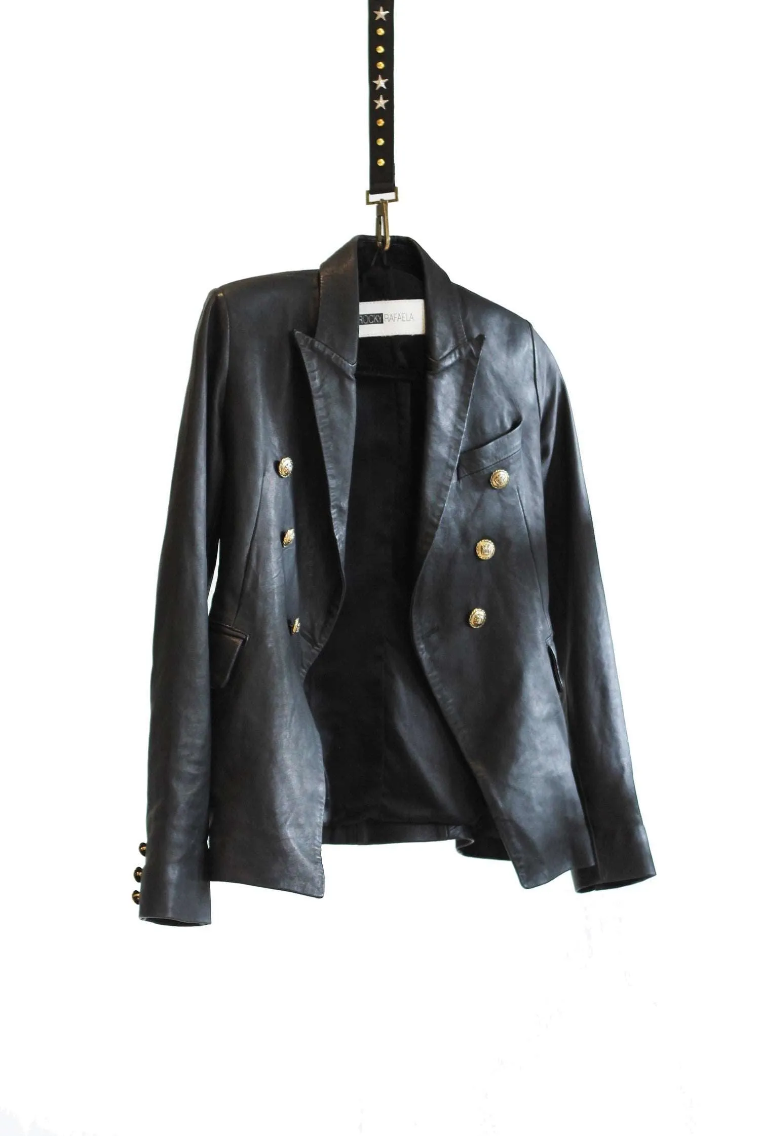 Embroidered Leather Blazer - Black