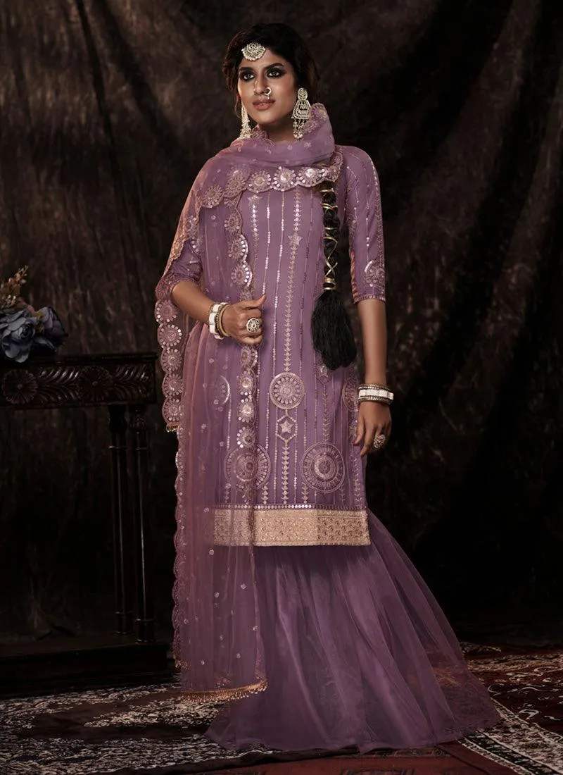 Fabulous Onion Color Soft Net Base Sharara Suit With Sequins Work