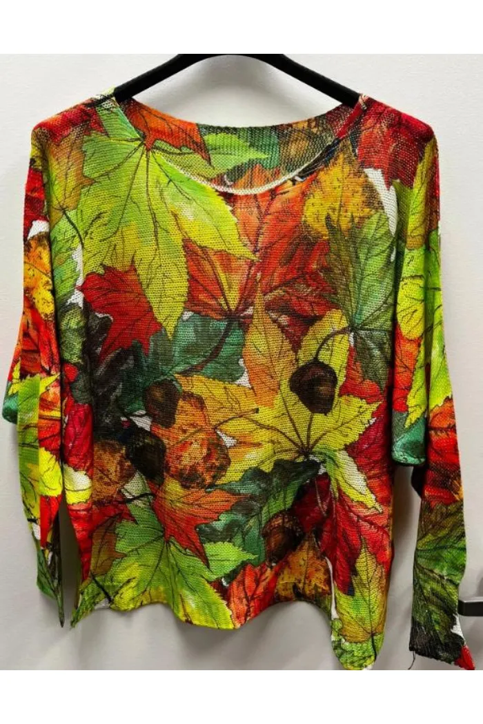 Fall Green Brown Leaves Round Knit Printed Sweater