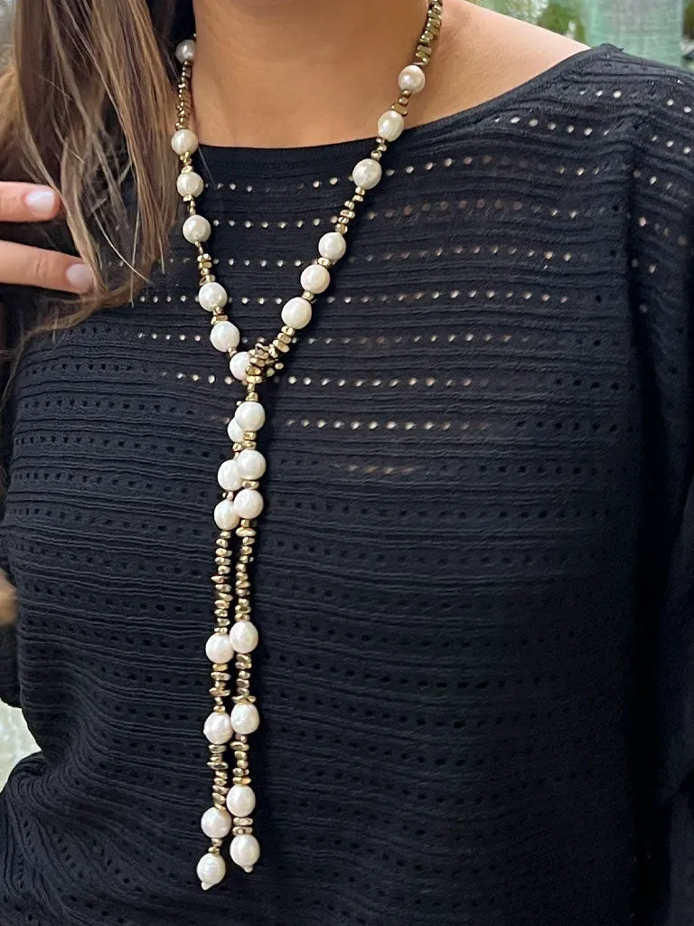 FRENCH 75 Pearl & Pyrite Lariat