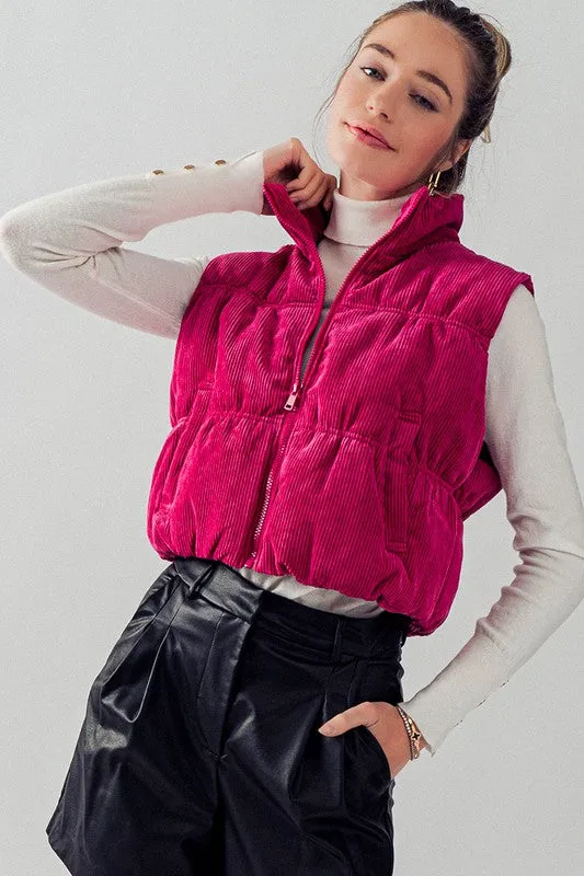 Fuchsia Stand Collar Cropped Corduroy Puffer Vest