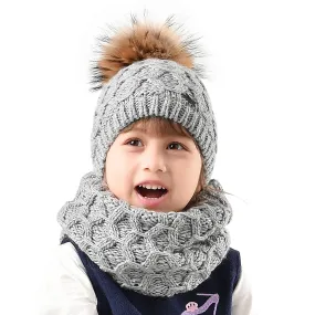 FURTALK Kids Winter Real Fur Pom Pom Hat Scarf Set Diamond pattern Drop Shipping SFFW032