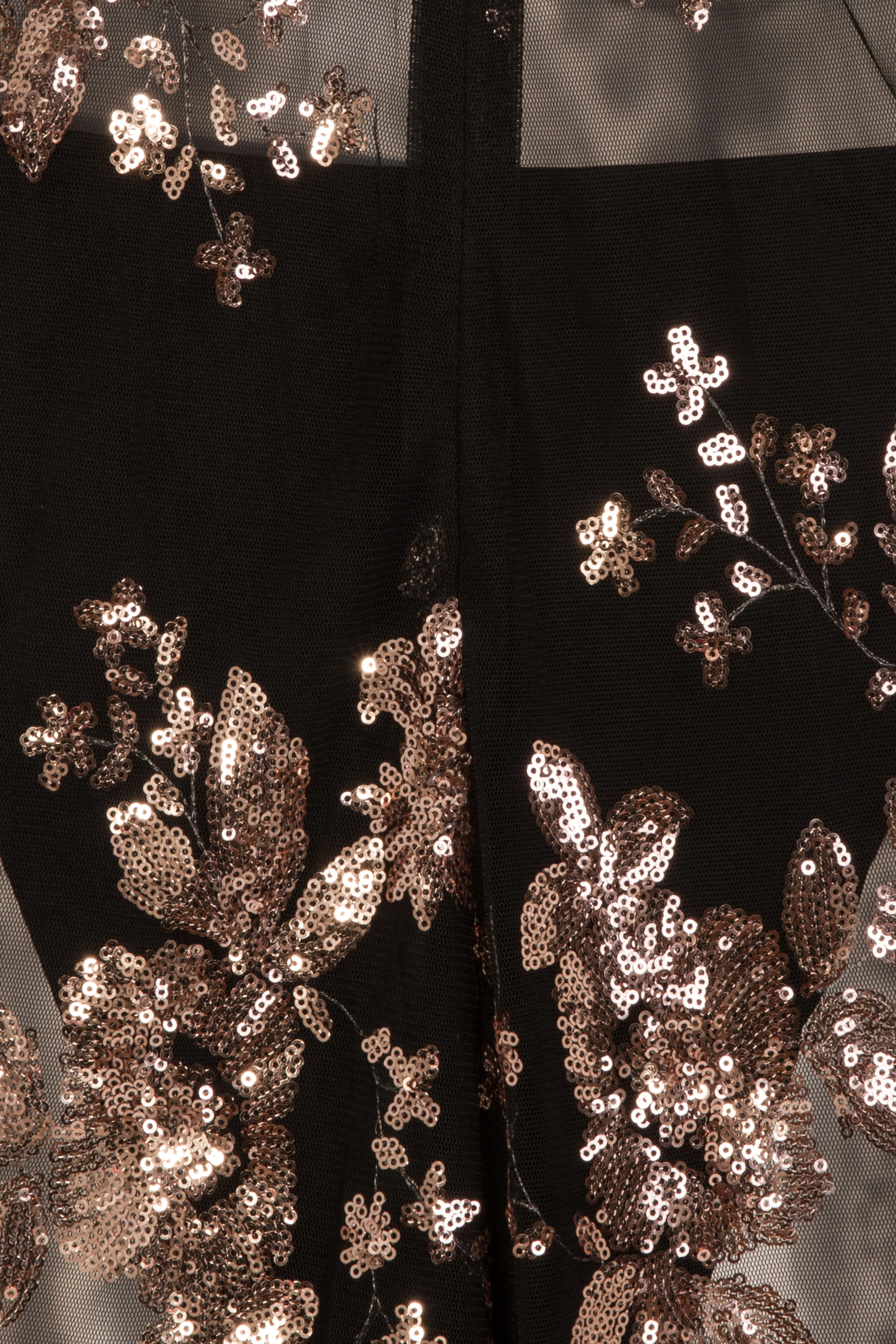 Game Changer Black Rose Gold Sheer Floral Sequin Palazzo Split Jumpsuit