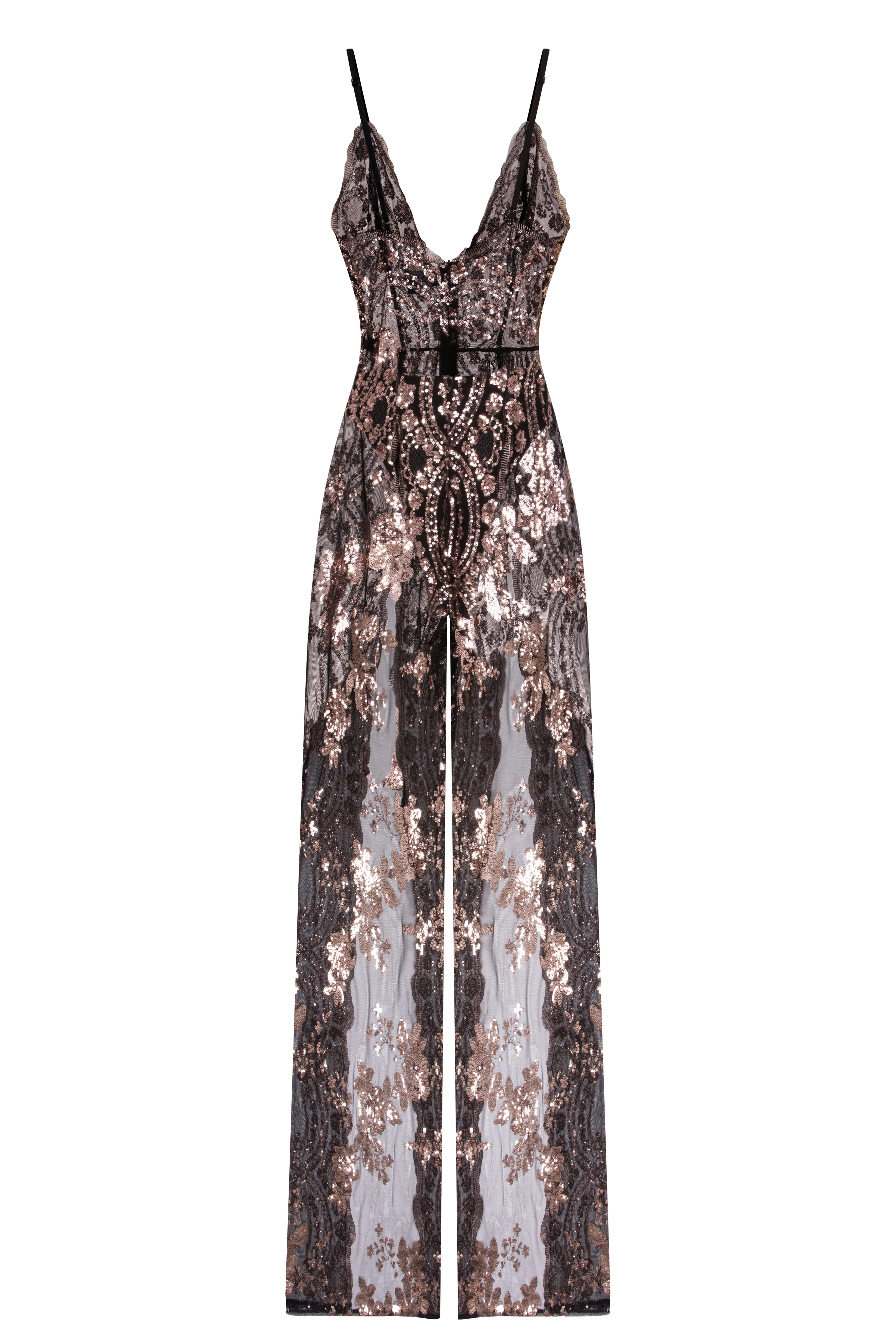 Game Changer Black Rose Gold Sheer Floral Sequin Palazzo Split Jumpsuit