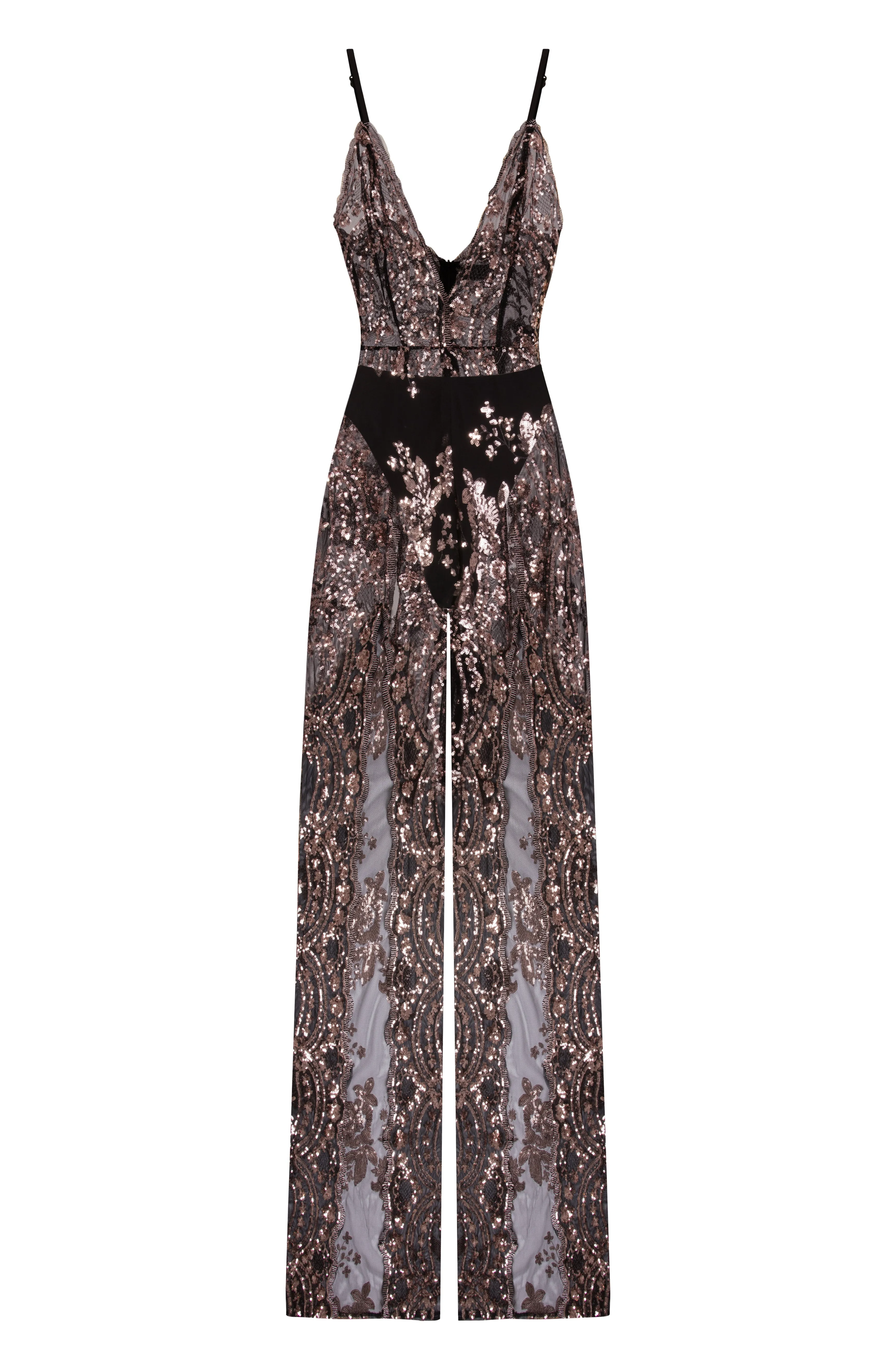 Game Changer Black Rose Gold Sheer Floral Sequin Palazzo Split Jumpsuit