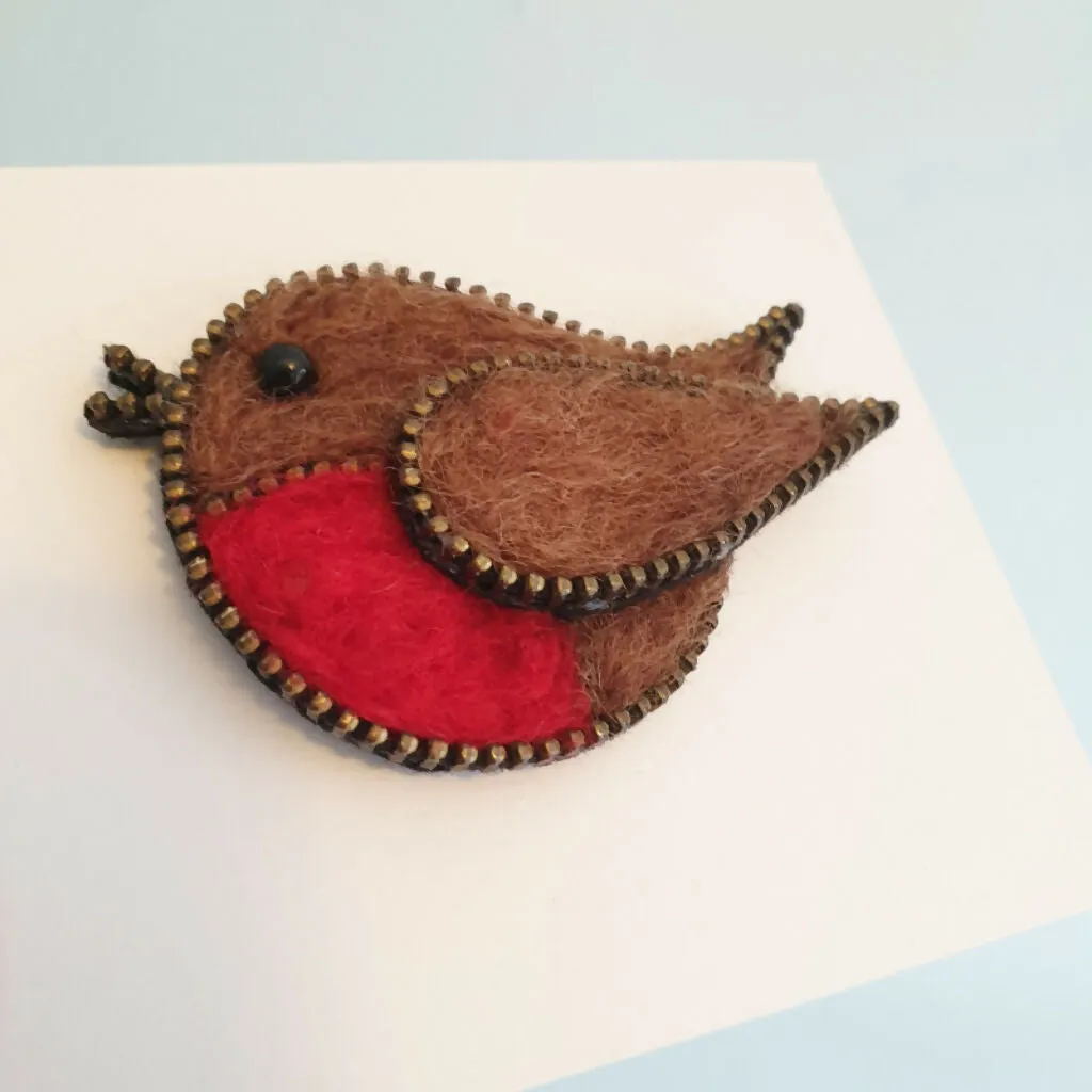 Hand Felted Robin Brooch With Zip Edge Detail