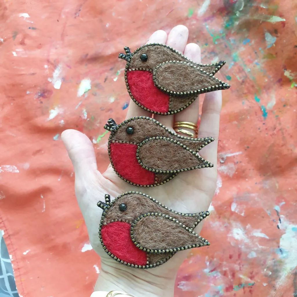 Hand Felted Robin Brooch With Zip Edge Detail