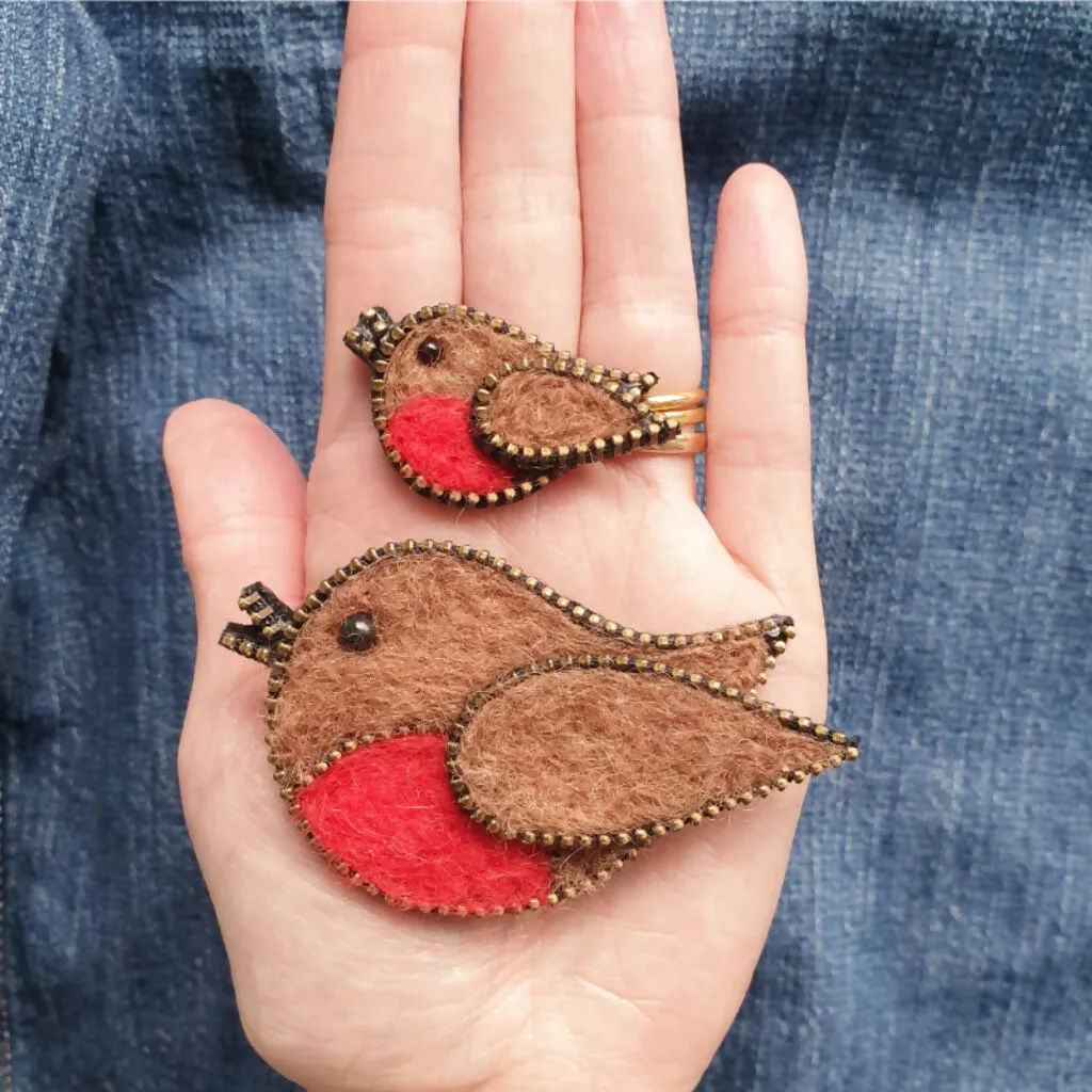 Hand Felted Robin Pin Badge With Zip Edge Detail