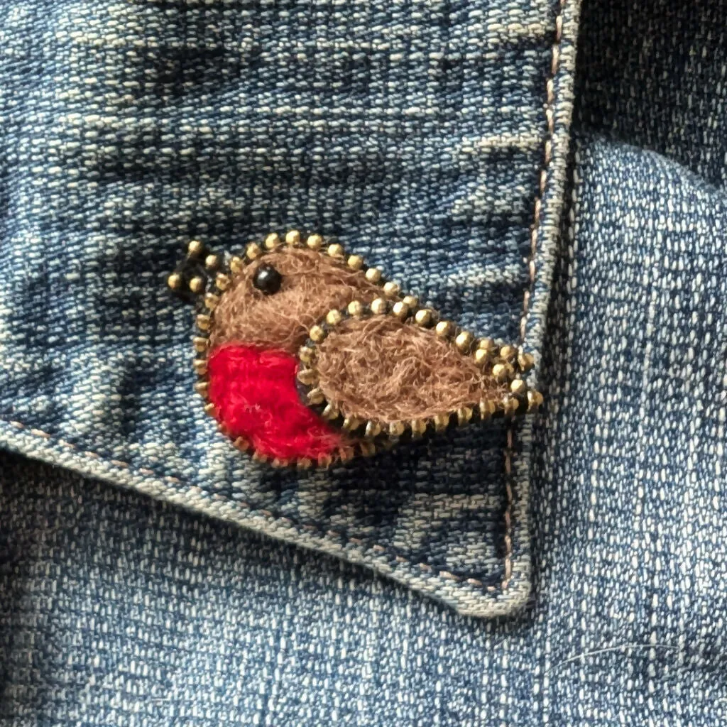 Hand Felted Robin Pin Badge With Zip Edge Detail