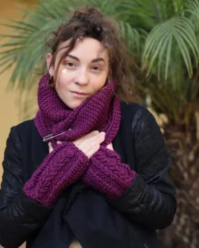 Handmade Knit Scarf and Mittens Set in Purple Color