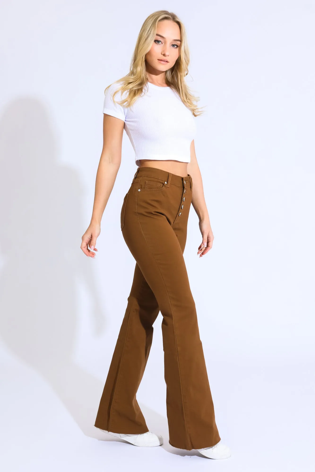 High Rise Fit and Flare Button Fly Pant - Chestnut