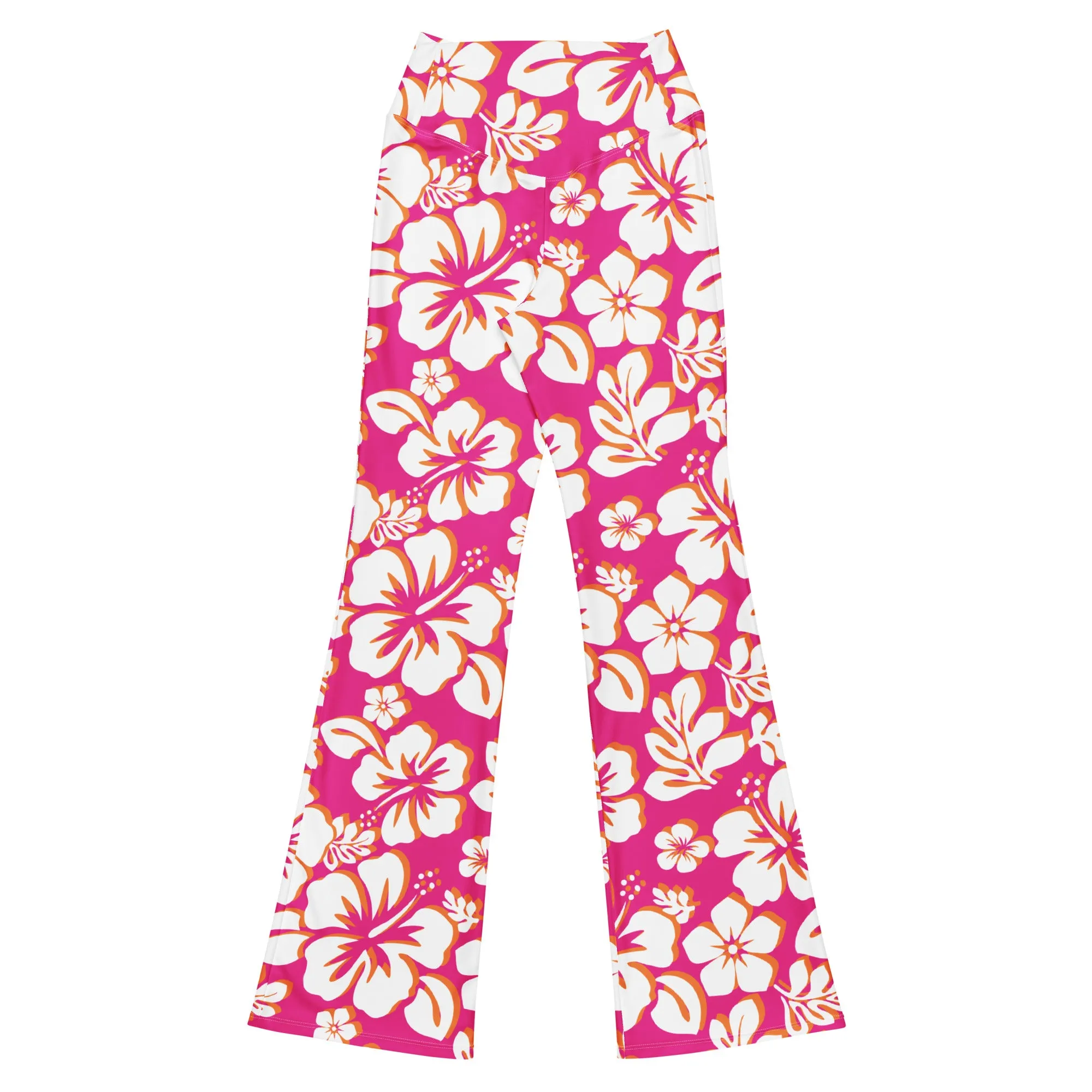 Hot Pink, Orange and White Hawaiian Flowers High Waist Flare Leggings