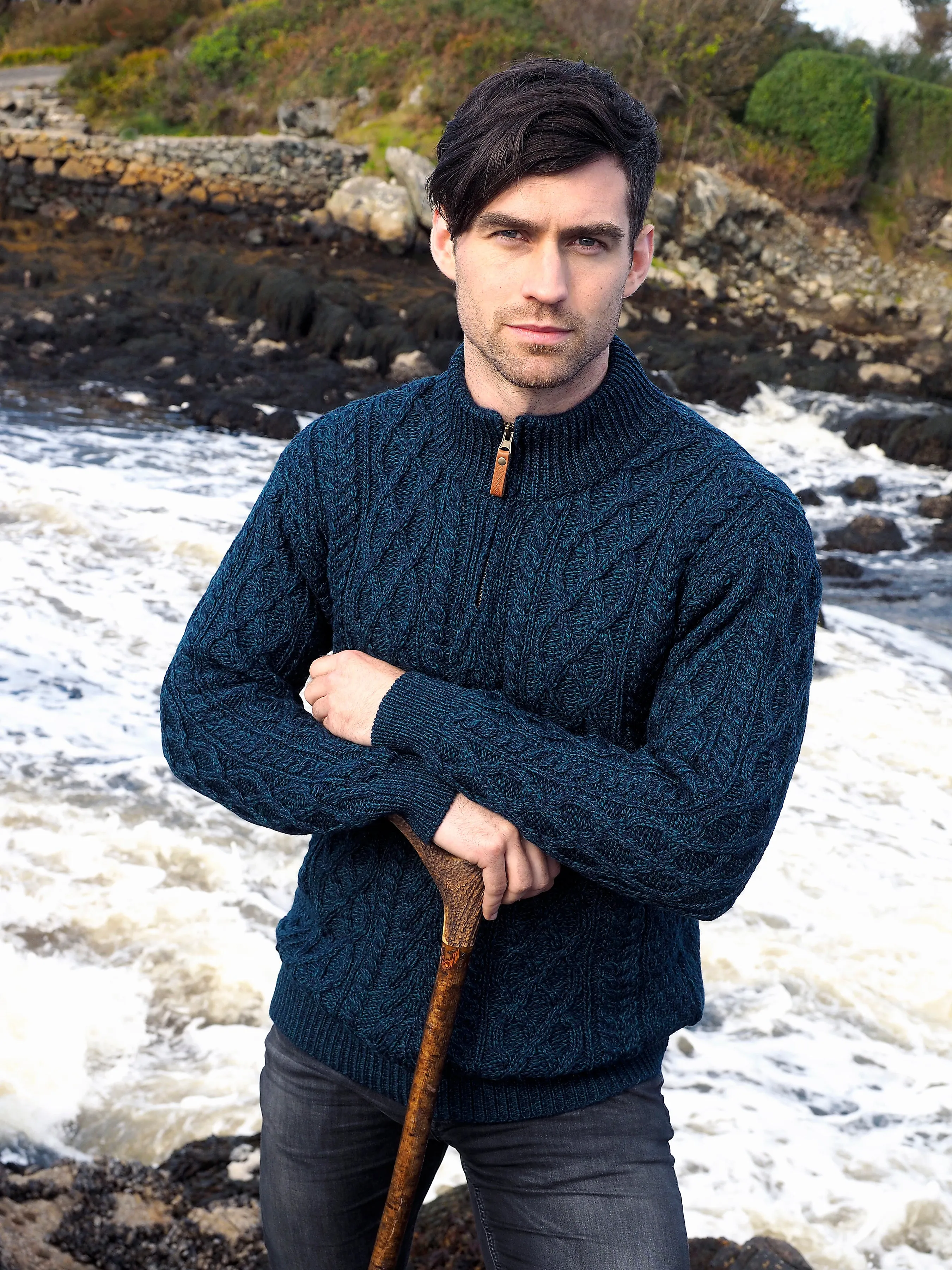 IRISH ARAN SWEATER WITH HALF ZIP DESIGN