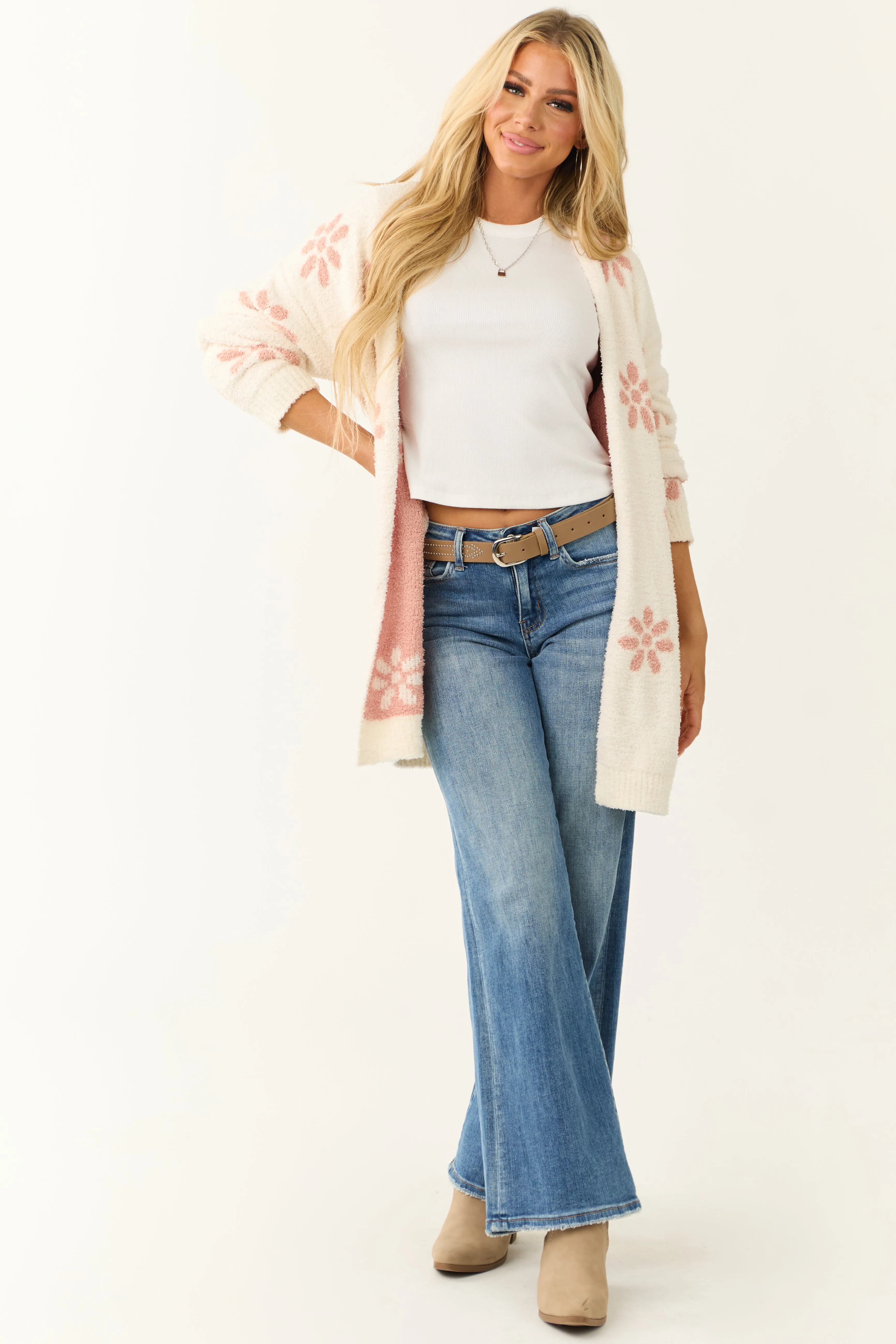 Ivory and Coral Floral Pattern Oversized Cardigan