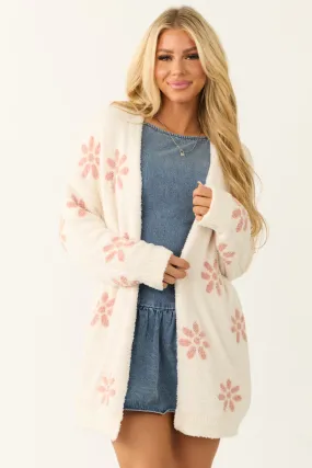 Ivory and Coral Floral Pattern Oversized Cardigan