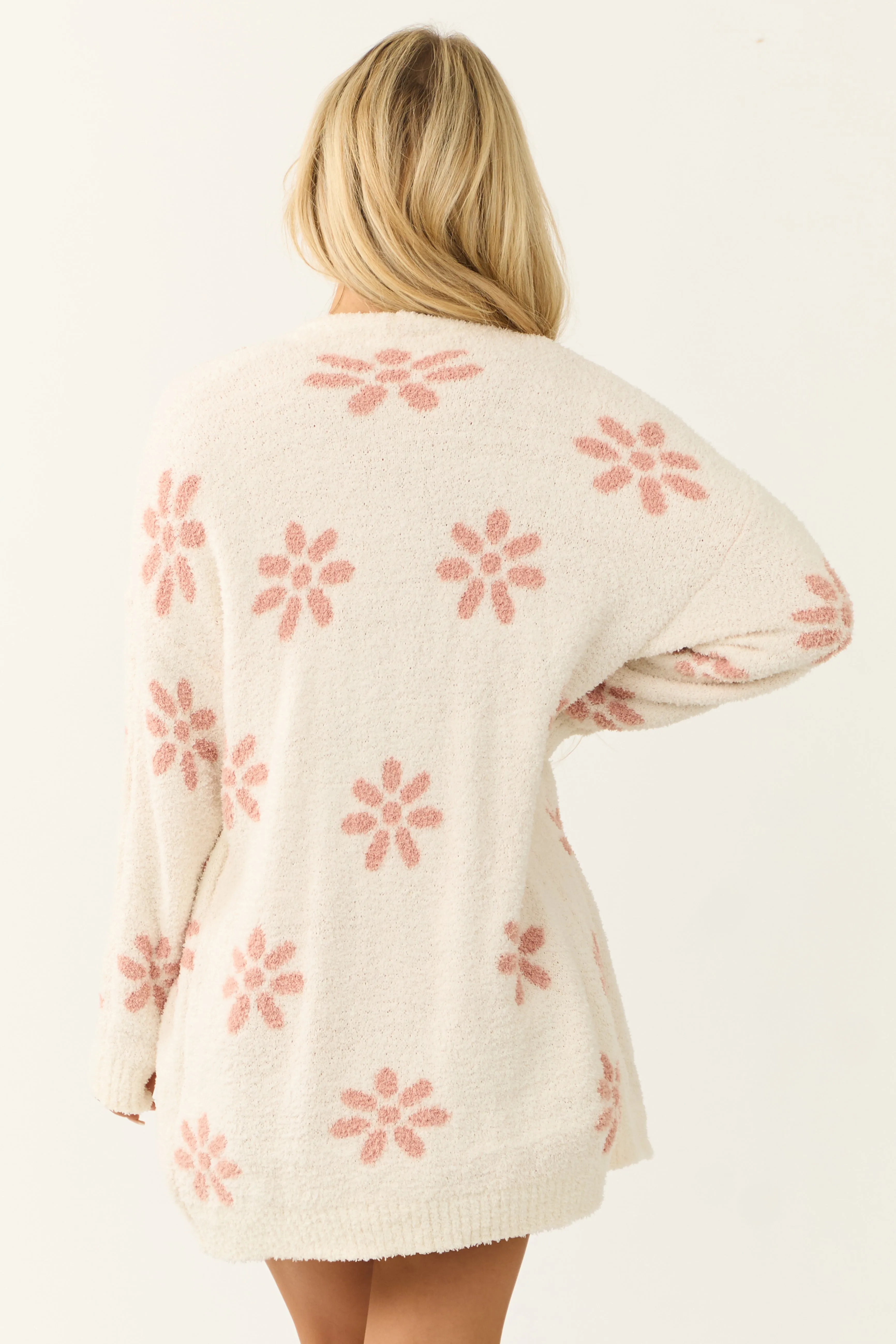 Ivory and Coral Floral Pattern Oversized Cardigan