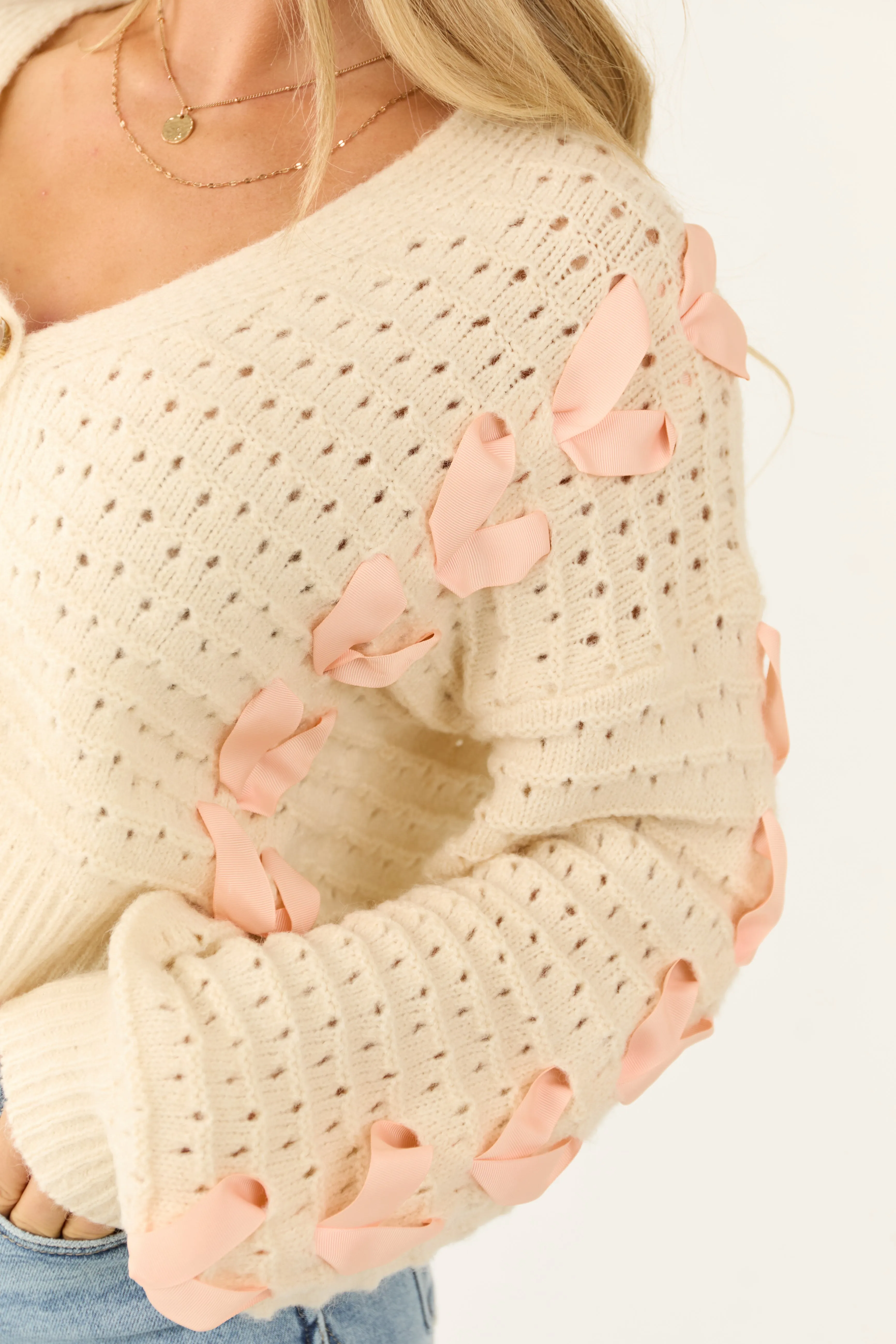 Ivory Ribbon Detail Pointelle Knit Cardigan