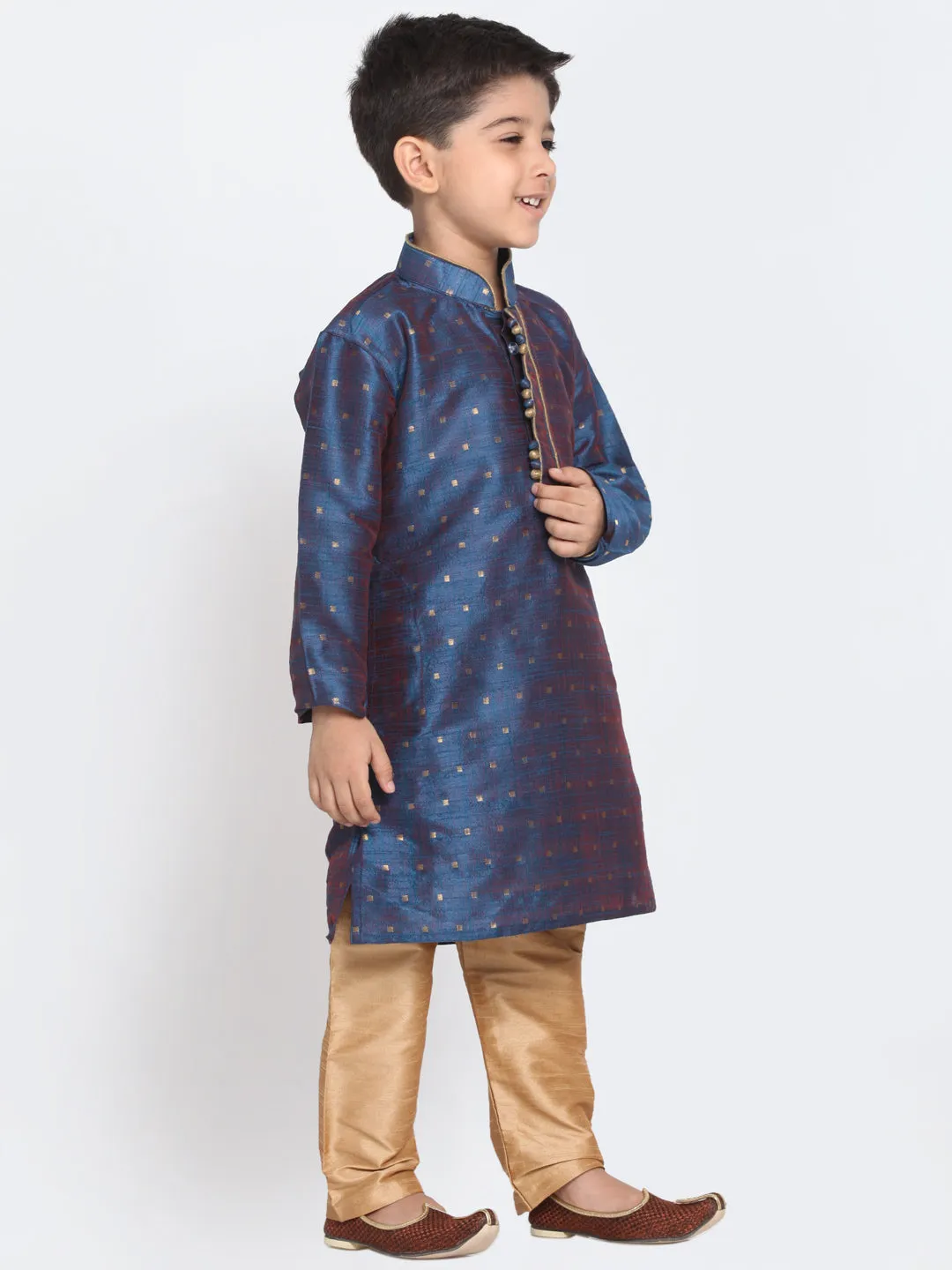 Jashvi Silk Blend Blue and Rose Gold Baap Beta Kurta Pyjama set