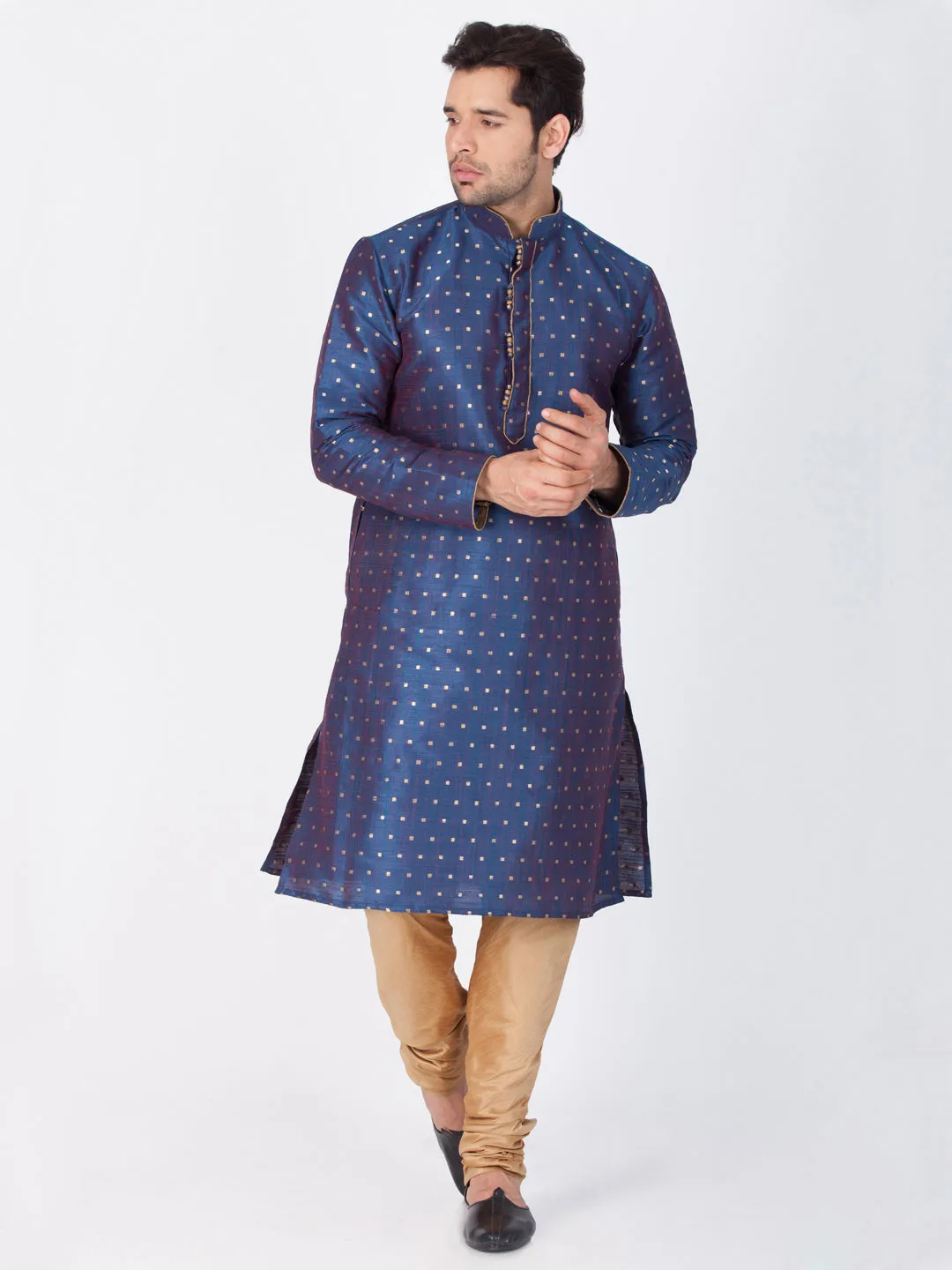 Jashvi Silk Blend Blue and Rose Gold Baap Beta Kurta Pyjama set