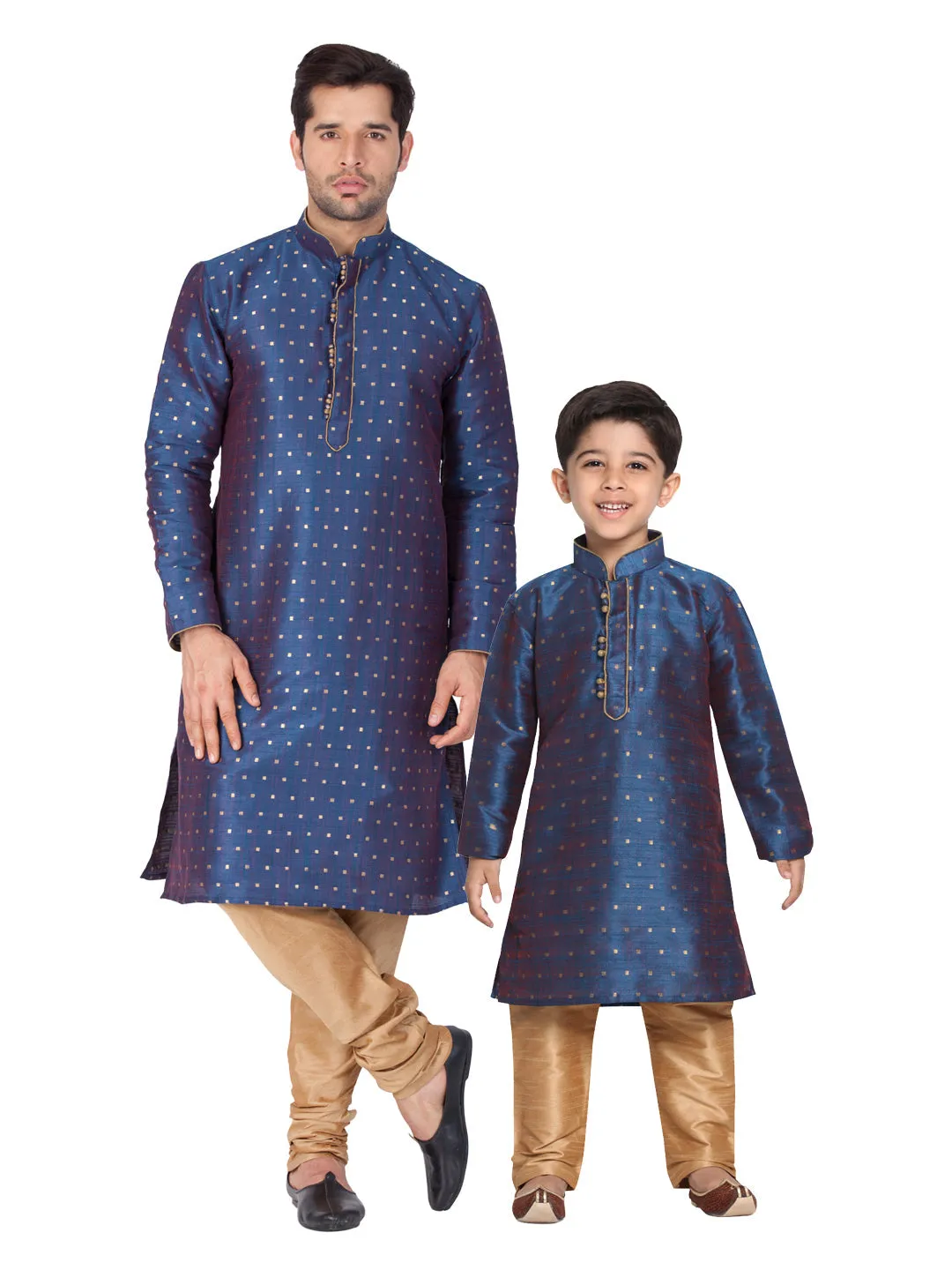 Jashvi Silk Blend Blue and Rose Gold Baap Beta Kurta Pyjama set