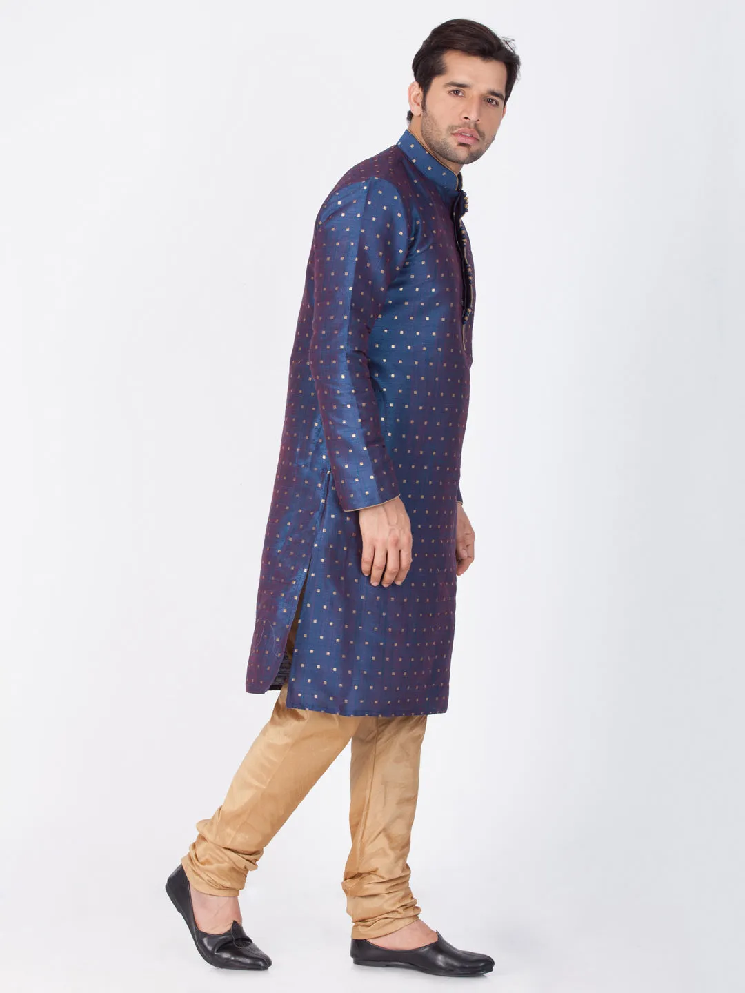 Jashvi Silk Blend Blue and Rose Gold Baap Beta Kurta Pyjama set