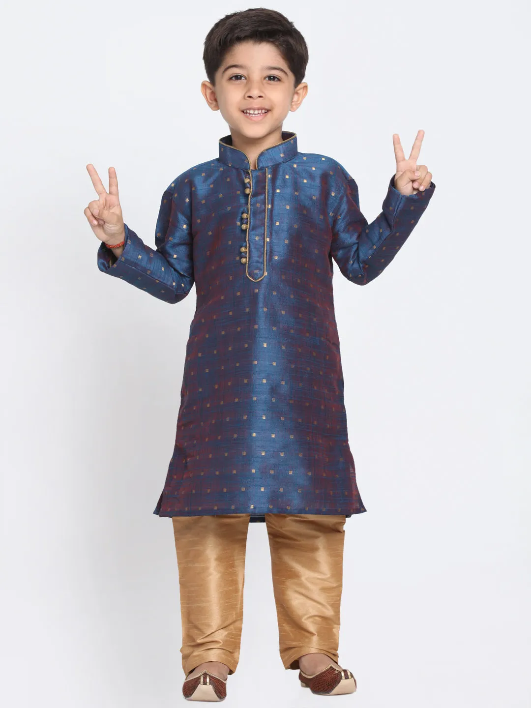 Jashvi Silk Blend Blue and Rose Gold Baap Beta Kurta Pyjama set