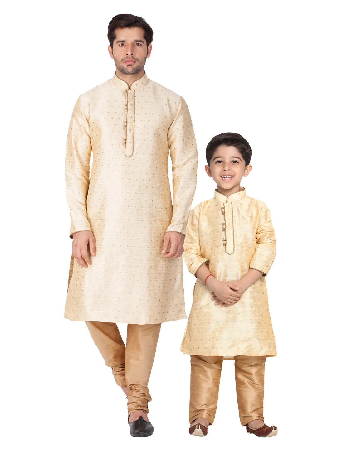 Jashvi Silk Blend Gold and Rose Gold Baap Beta Kurta Pyjama set