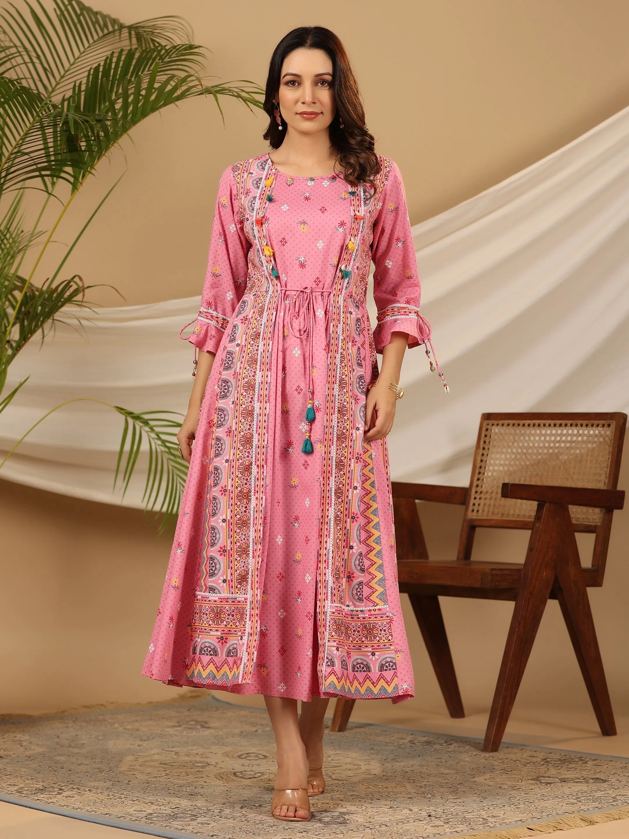 Jashvi The Banjara Pink Rayon Ethnic Motif Printed Layered Maxi Dress With 3D Handwork & Tie-Ups