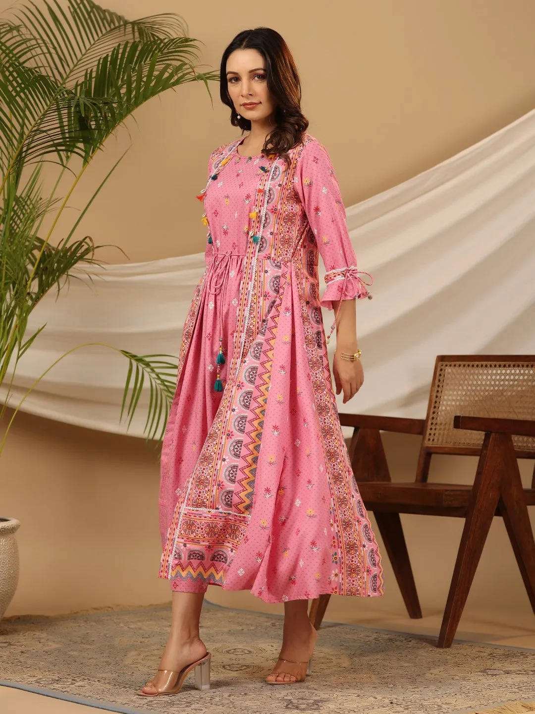 Jashvi The Banjara Pink Rayon Ethnic Motif Printed Layered Maxi Dress With 3D Handwork & Tie-Ups