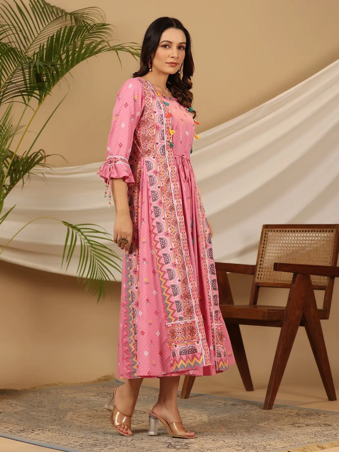 Jashvi The Banjara Pink Rayon Ethnic Motif Printed Layered Maxi Dress With 3D Handwork & Tie-Ups