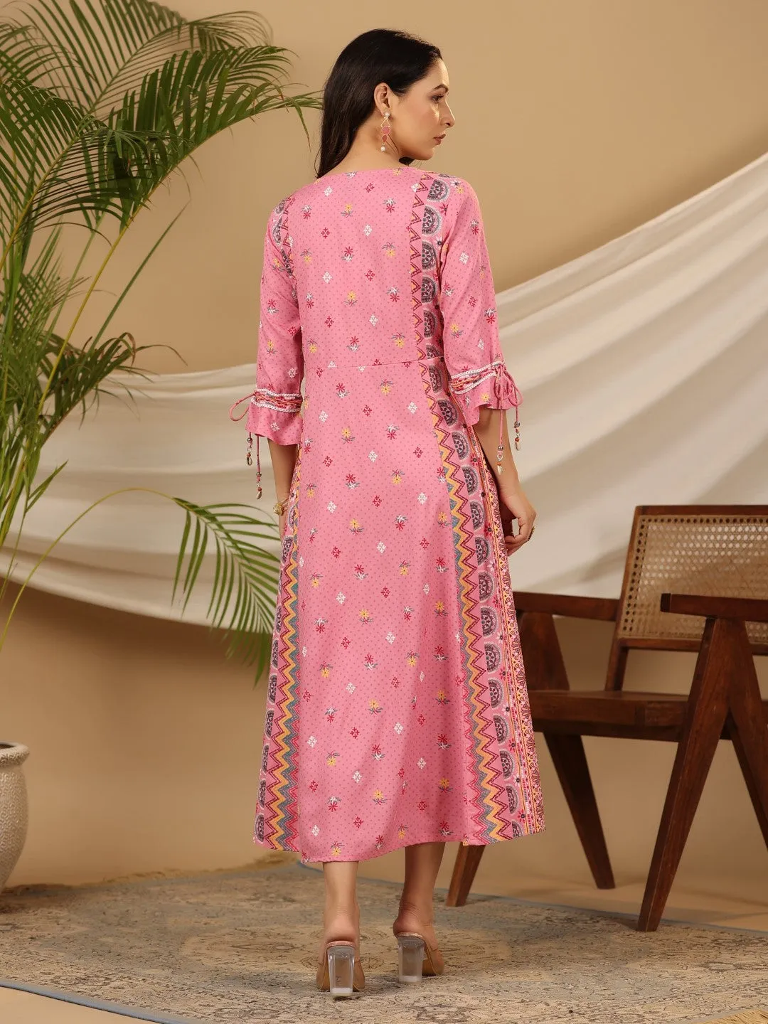 Jashvi The Banjara Pink Rayon Ethnic Motif Printed Layered Maxi Dress With 3D Handwork & Tie-Ups