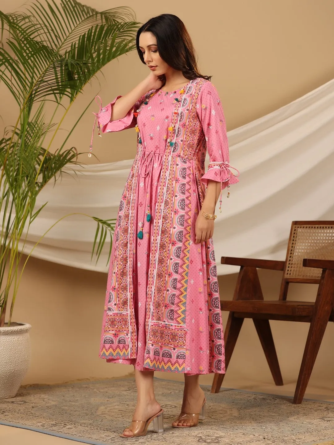 Jashvi The Banjara Pink Rayon Ethnic Motif Printed Layered Maxi Dress With 3D Handwork & Tie-Ups