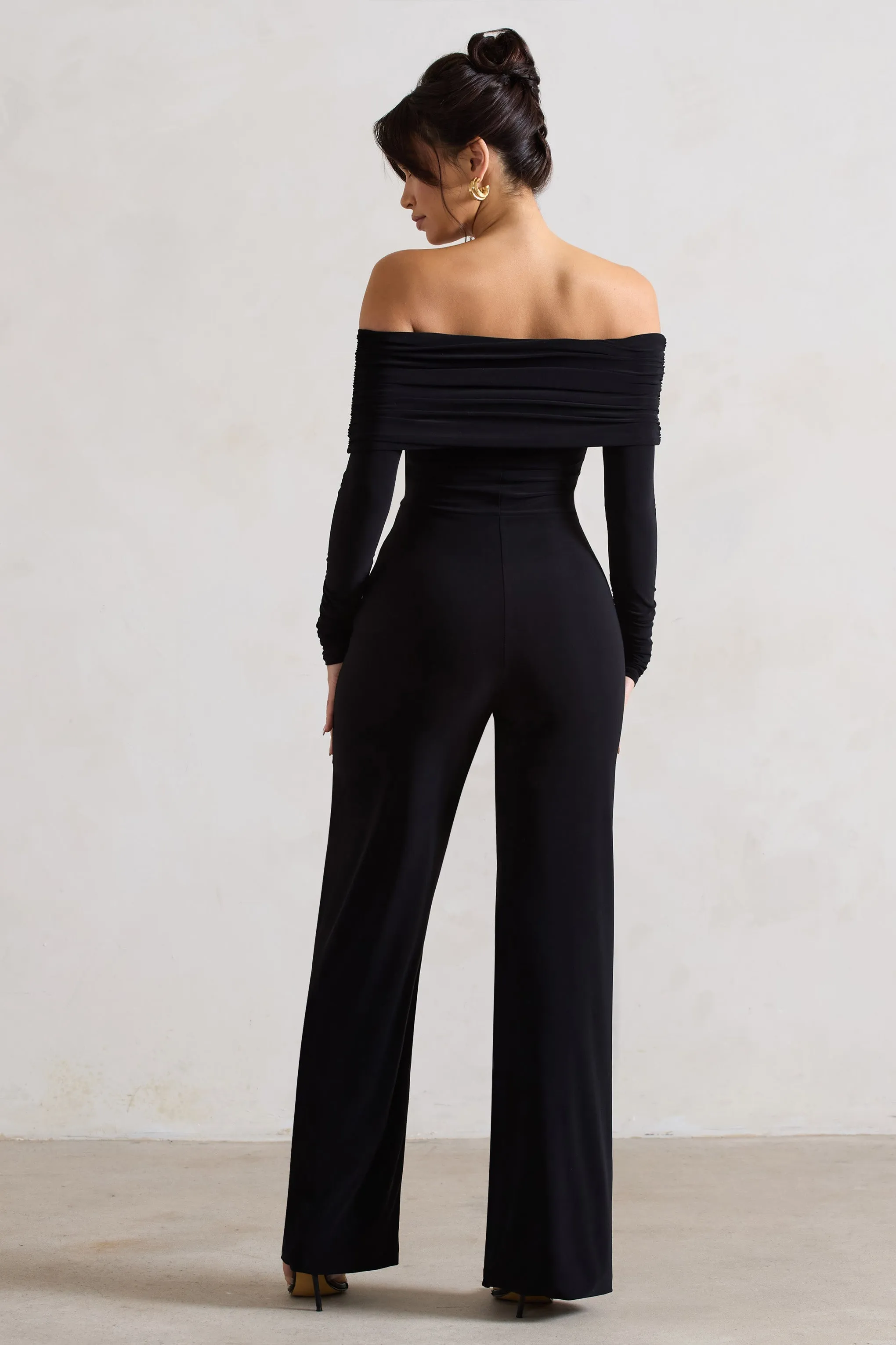 Jules | Black Bardot Long-Sleeve Straight-Leg Jumpsuit