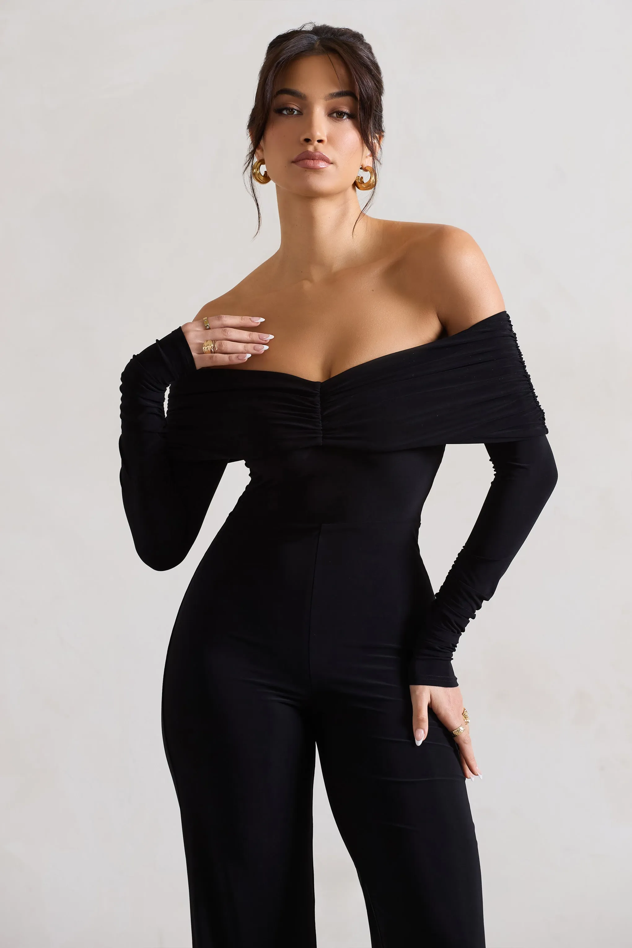 Jules | Black Bardot Long-Sleeve Straight-Leg Jumpsuit