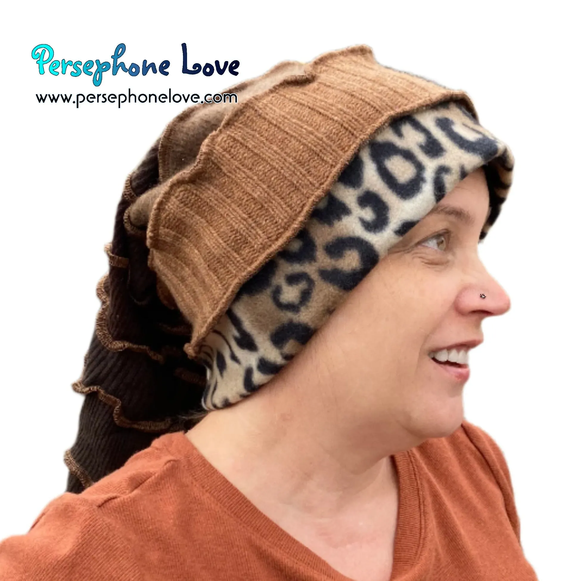 Katwise inspired brown 100% cashmere/fleece patchwork elf jester hat-1540