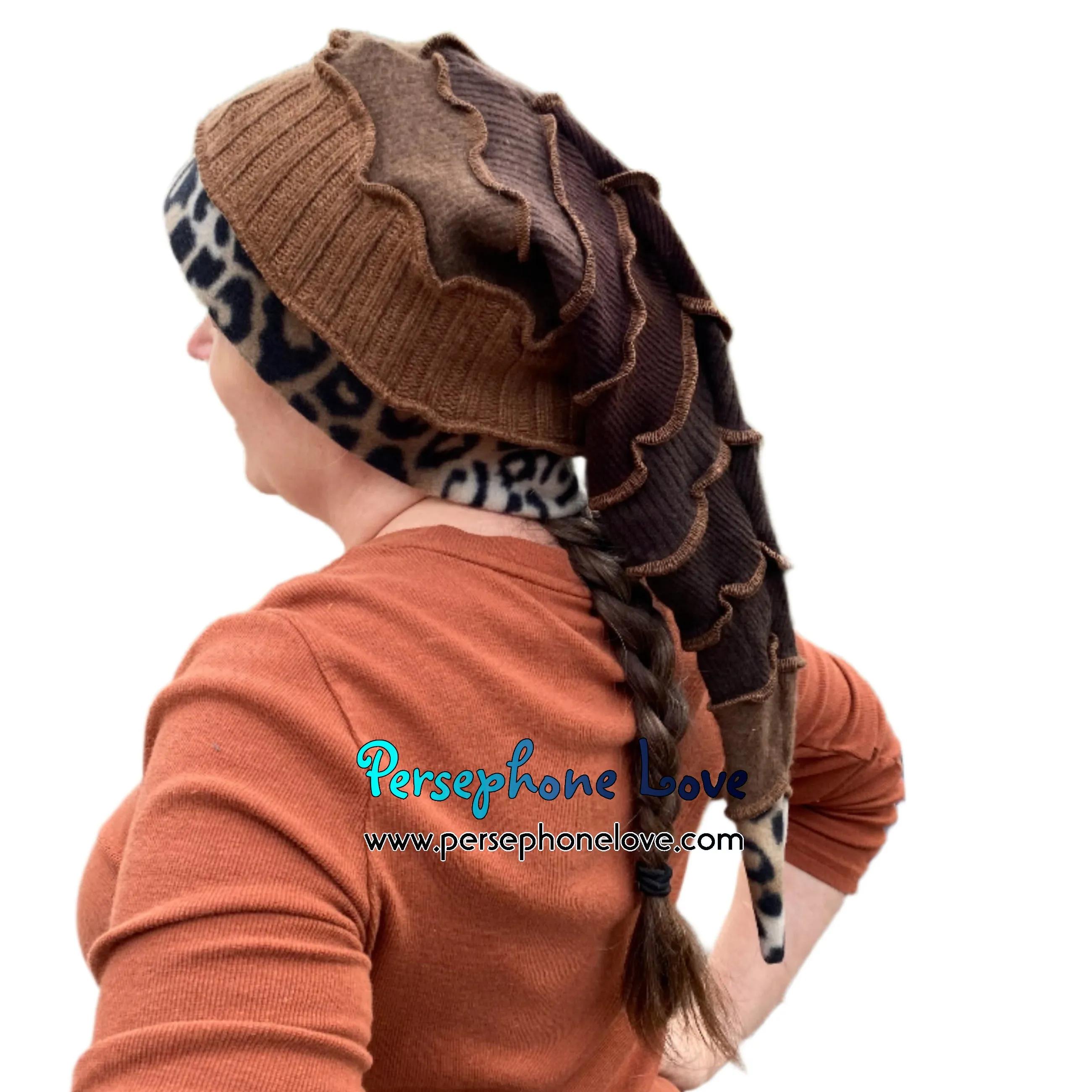 Katwise inspired brown 100% cashmere/fleece patchwork elf jester hat-1540