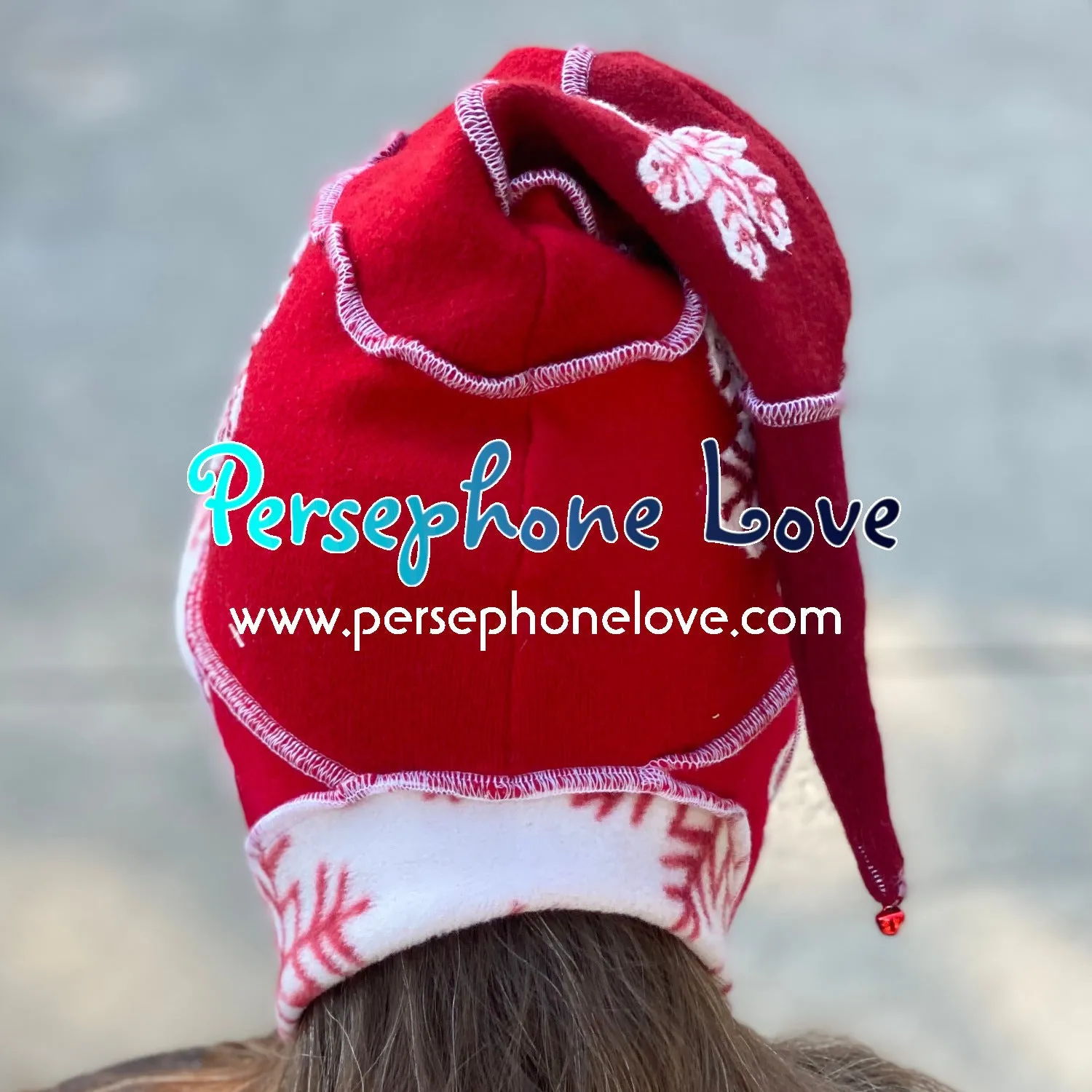 Katwise inspired red white snowflake felted 100% cashmere/fleece sequin recycled sweater elf hat-1440